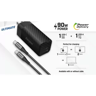 Energizer Ultimate - Ładowarka sieciowa Multiplug EU / UK / US GaN USB-C & USB-A 90W PD + Kabel USB-C (Czarny) - Ładowarki do telefonów - miniaturka - grafika 4
