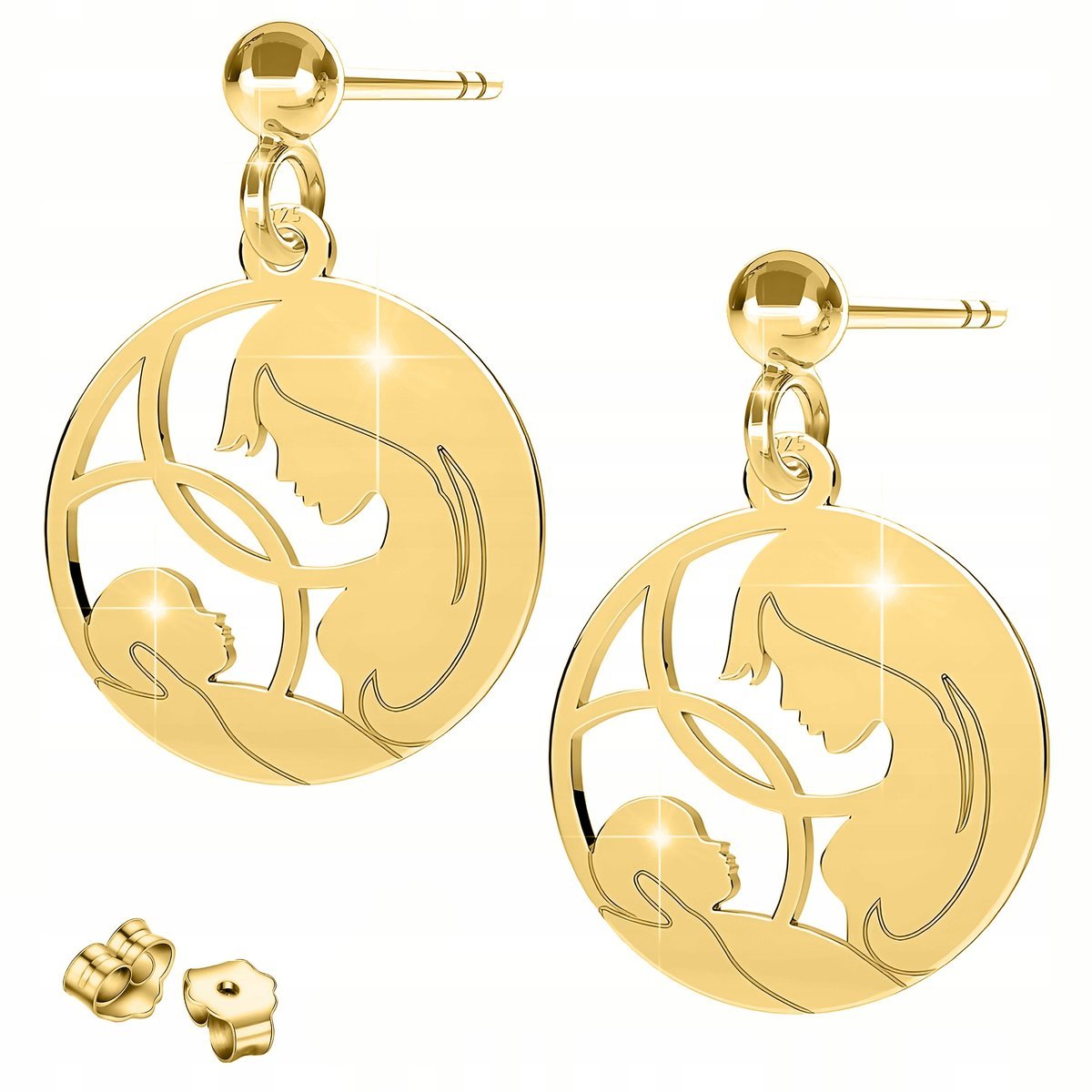 Złote Kolczyki Blaszki Okrągłe Matka z Dzieckiem Family SREBRO 925