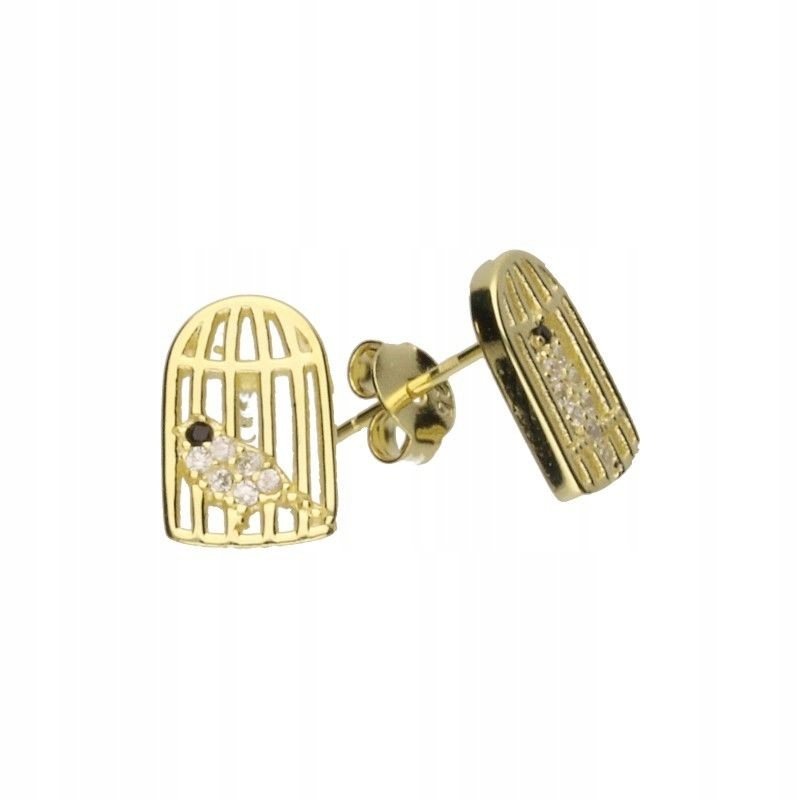 Kolczyki srebrne 925 pozłacane z cyrkoniami 1.74g bird in cage na prezent