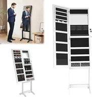 Biżuteria - akcesoria - TWOLIIN Lustrzana szafka na biżuterię Regulowany stojak na biżuterię Przechowywanie biżuterii z oświetleniem LED i blokadą bezpieczeństwa 2 w 1 Stojąca szafka z lustrem 152 x 39,5 x 36,5 cm Biały - miniaturka - grafika 1