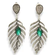 Klipsy do uszu wiszące liscie z zielonym kamieniem srebrne
