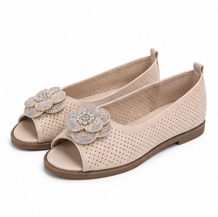 Beżowe Baleriny Damskie Ażurowe Skórzane Peep Toe 36
