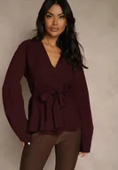 Swetry damskie - Bordowy Kardigan z Wiskozą Ozdobiony w Pasie Wiązaniem Tusllima - Renee - miniaturka - grafika 1