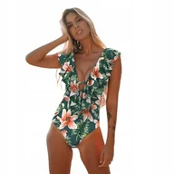 Stroje kąpielowe - Strój Kąpielowy Damski Jednoczęściowy Kwiaty Modelujący Z Falbankami S - miniaturka - grafika 1