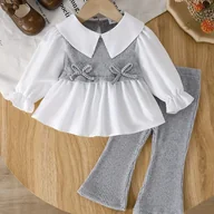 Spodnie i spodenki dla dziewczynek - TEMU Zestaw dwuczęściowy dla dziewczynek z uroczym z pufowymi rękawami, kokardką i rozkloszowanymi spodniami, model P101792, do użytku na zewnątrz - miniaturka - grafika 1