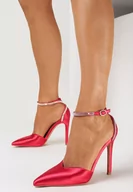 Sandały damskie - Czerwone Satynowe Sandały na Szpilce z Cyrkoniami Nagra - miniaturka - grafika 1
