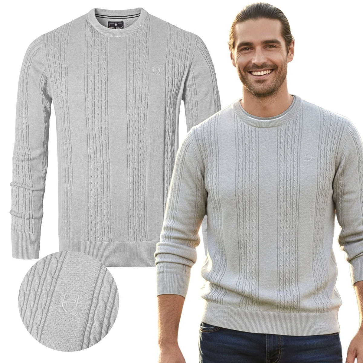 Elegancki SWETER Męski Bawełniany FLINT SZARY Warkoczowy Splot Pako Jeans Elegancki SWETER Męski Bawełniany SZARY Warkoczowy Splot XL Pako Jeans