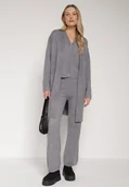 Komplety damskie - Szary Komplet z Dzianiny z Wełną Spodnie Kardigan i Kamizelka na Guziki Meviseffa - miniaturka - grafika 1