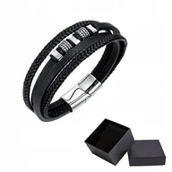 Bransolety męskie - Bransoletka Męska Czarna Skórzana Zapleciona Srebrna Stal Chirurgiczna 316L - miniaturka - grafika 1