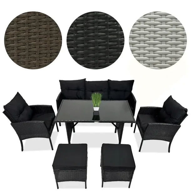 Zestaw meble ogrodowe rattanowe FOTEL x2+PUF x2+SOFA+STÓŁ na 7 osób CZARNY