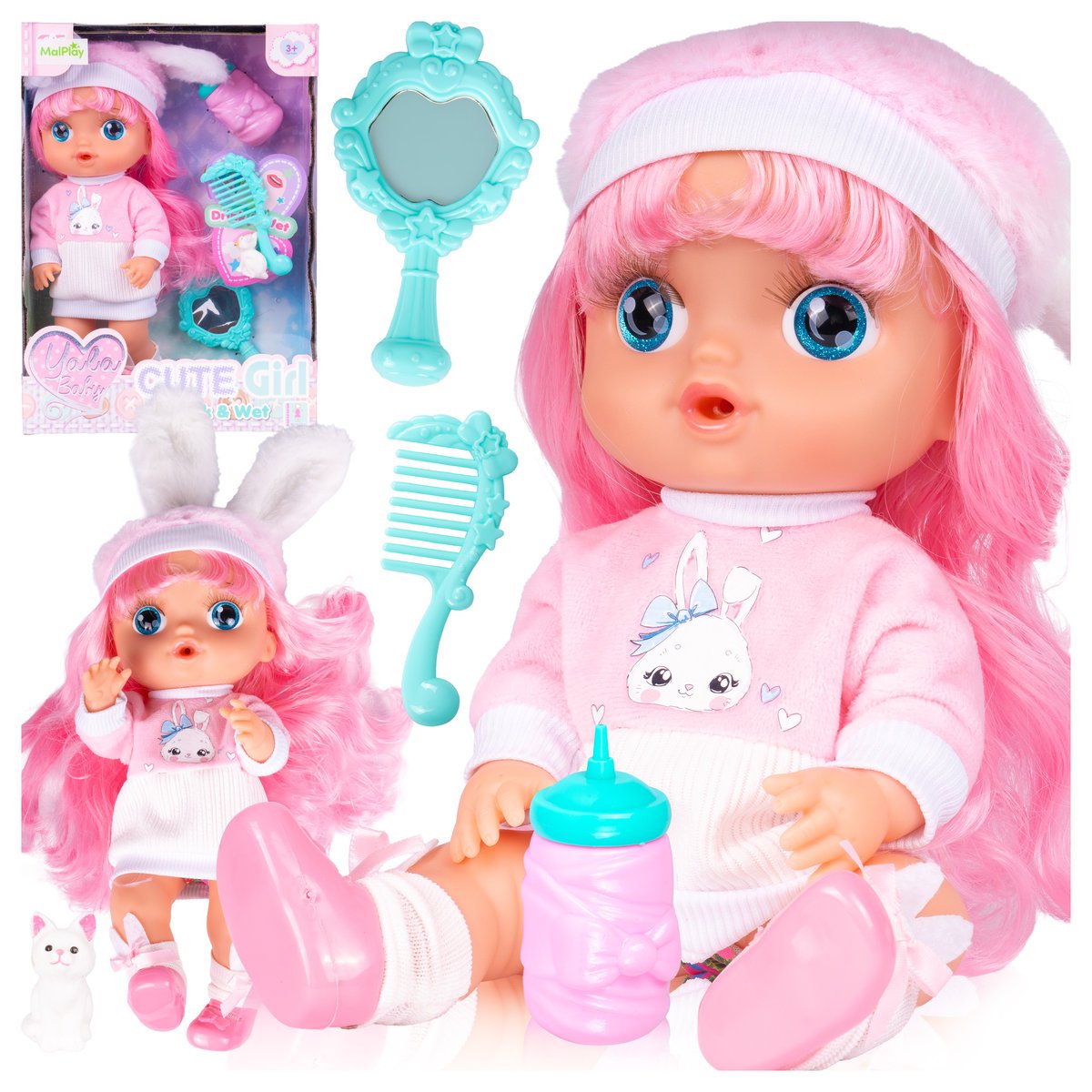 Lalka Bobas w Ubranku Pije Mała Opiekunka Zestaw Akcesoria Kotek 30 cm