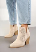 Botki damskie - Beżowe Botki na Obcasie z Ozdobnym Wycięciem Dolinala - miniaturka - grafika 1