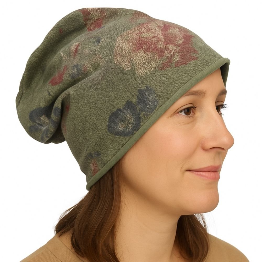 Czapka damska Beanie włoska cienka smerfetka ciemnozielona kwiatowa