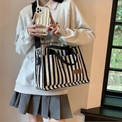 Inne - TEMU 2025 damska torba popularna do pracy na dużej pojemności z paskami z płótna torba kurierska modna torba do przenoszenia - Materiał: Płótno, - miniaturka - grafika 1