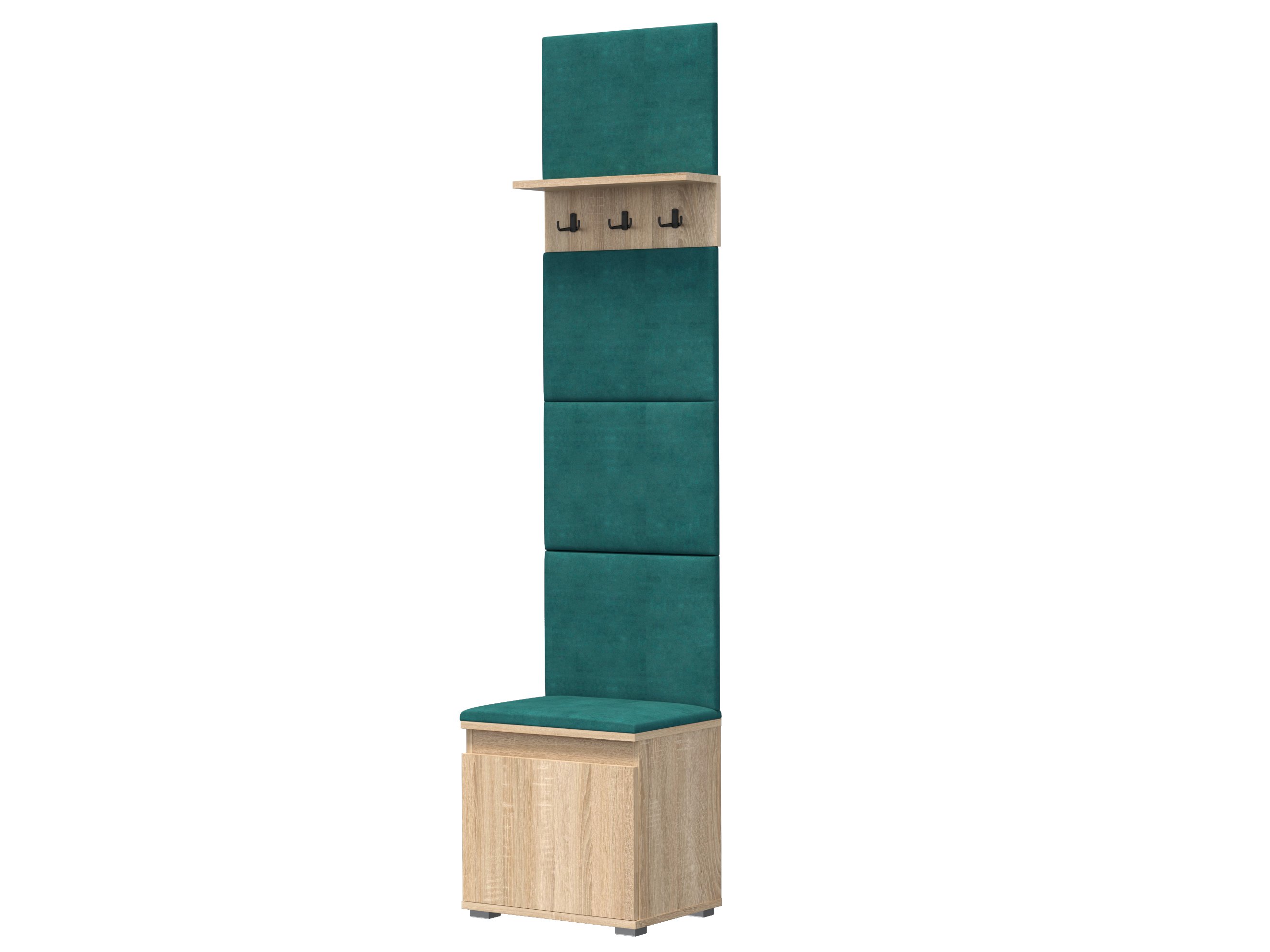 Meblowa1 Szafka na buty z siedziskiem, panel ścienny, półka z 3 wieszakami, 4 panele, butelkowa zieleń, dąb sonoma, 50x214x37 cm