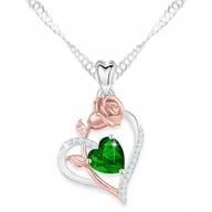 Naszyjniki - Naszyjnik Srebrny Serduszko z Kwiatkiem Róża Zielone Kryształowe SREBRO 925 - miniaturka - grafika 1