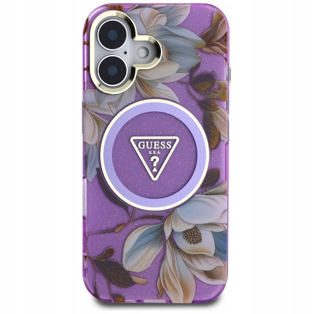 Guess Etui Glitter Flowers Triangle Buttons do MagSafe do iPhone 16, fioletowe z kwiecistym wzorem
