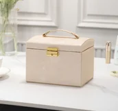 Pudełka i szkatułki - Wielopoziomowa szkatułka LELANI, kuferek na biżuterię L- beżowo-złota - miniaturka - grafika 1