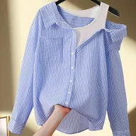 Koszule damskie - TEMU Elegancka Koszula Damska w Paski Niebiesko-Białe z Kołnierzykiem i Guzikami - Bluzka z Krótkim/Długim Rękawem, Do Biura, Nauczania, Codziennego - miniaturka - grafika 1