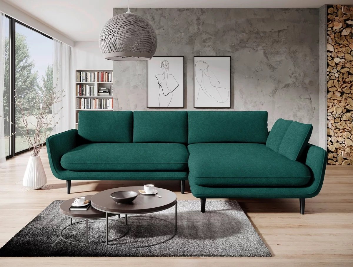 DOMO-HOME Narożnik z funkcją spania SOLANO - Elegancki skandynawski narożnik 260x167cm| Skrzynia na pościel i drewniane nóżki dla wygody i stylu Wysokiej jakości materiały Kolor ciemnozielony Prawo
