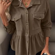 Koszule damskie - TEMU Damski Kardigan z Kołnierzykiem i Paskiem - Jednokolorowy Sztruks (Pasek Nie Dołączony) - miniaturka - grafika 1