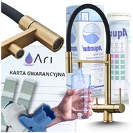 Baterie kuchenne - Bateria Kuchenna Trójdrożna z Obrotową Wyciąganą Wylewką Kran Do Kuchni Filtr HighFlex - SZCZOTKOWANE ZŁOTO - miniaturka - grafika 1