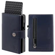 Etui na dokumenty i karty - Skórzany portfel męski z kieszenią na bilon oraz aluminiowym etui z wysuwanymi kartami (granatowy) - miniaturka - grafika 1