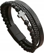 Bransolety męskie - Męska Skórzana Bransoletka z Koralikami na Prezent - miniaturka - grafika 1