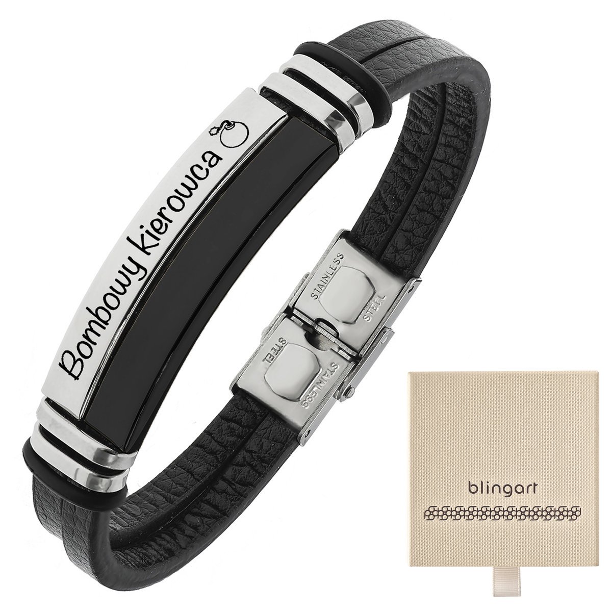 Bransoletka męska SKÓRZANA z grawerem srebrno czar