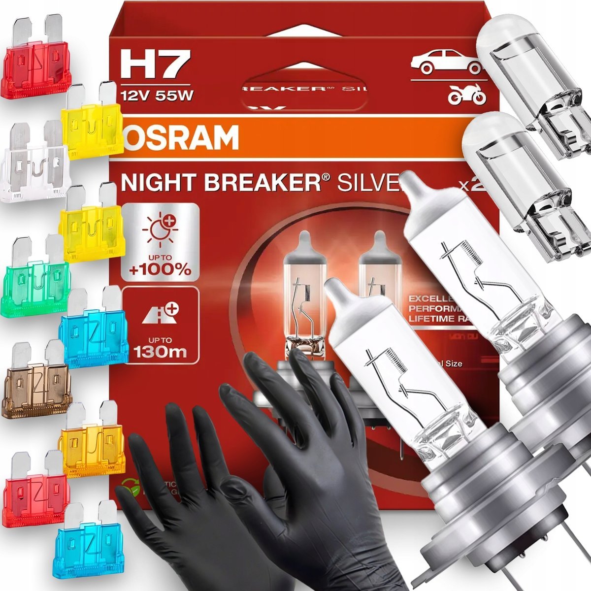 Żarówki Osram H7 Night Breaker Silver 100% W5W Led Bezpieczniki Rękawiczki