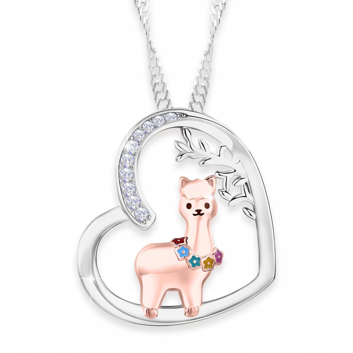 Naszyjnik Srebrny z Cyrkoniami Lama Alpaka Kryształy Serce SREBRO 925