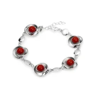 Bransoletki - Srebrna bransoletka kwiaty z czerwonymi kamieniami - Koral pr925 - miniaturka - grafika 1