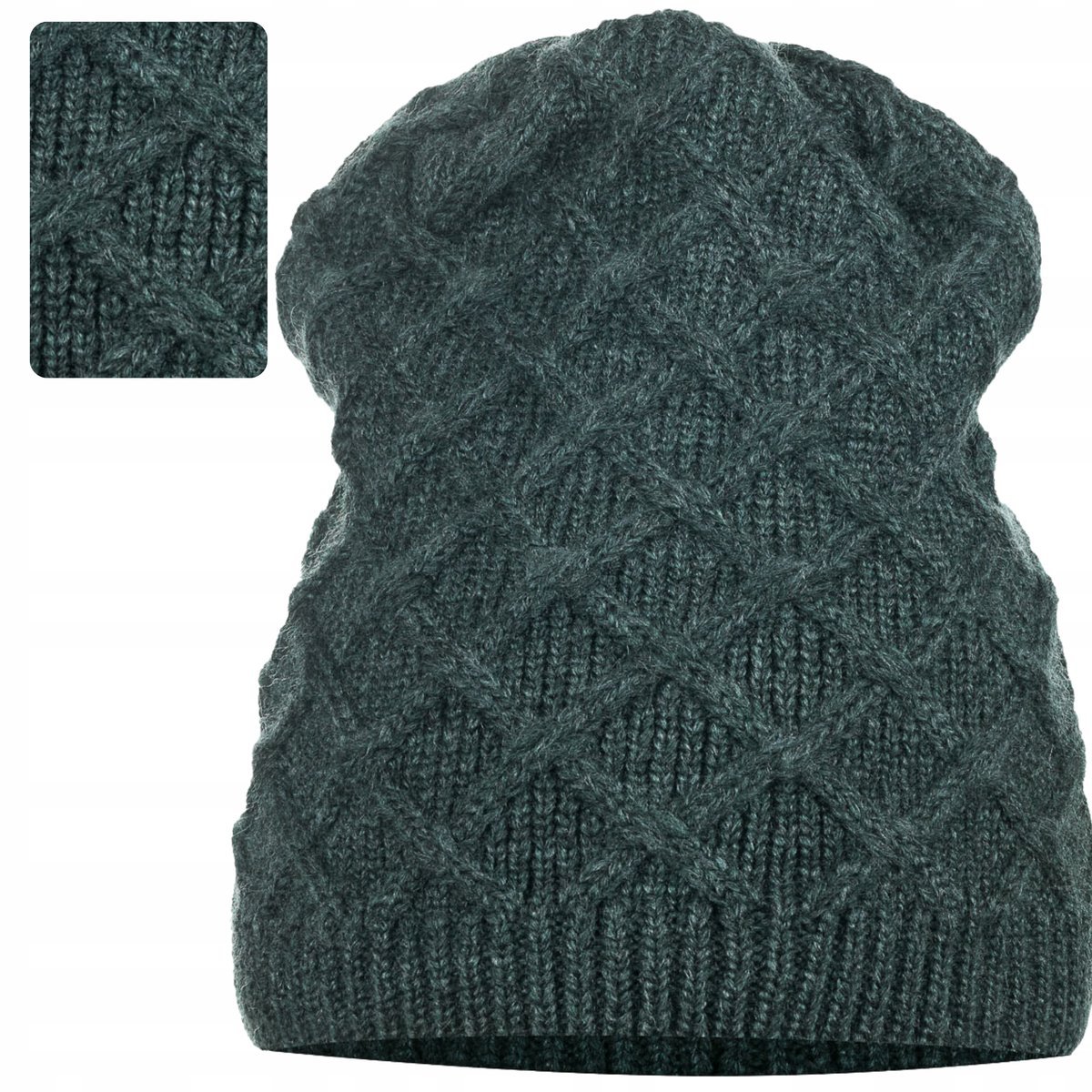 Czapka Damska Kobieca Beanie Ciepła Jesienna Zimowa Ozdobna Zielona