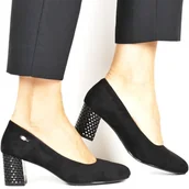 Czółenka - CZÓŁENKA PÓŁBUTY NA SŁUPKU SERGIO LEONE PB178 CZARNE ZAMSZOWE OBCAS KARBOWANY - miniaturka - grafika 1