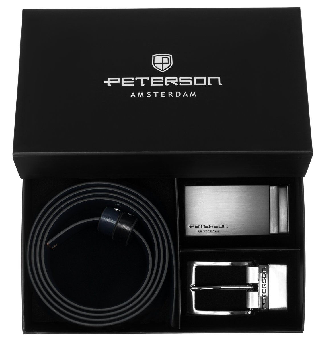 Zestaw prezentowy pasek dwustronny skórzany + klamry Peterson elegancki 4w1 skóra naturalna czarny granatowy