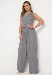 Szary Kombinezon z Kopertową Górą i Szerokimi Nogawkami z Paskiem z Metalową Klamrą Lancilla - Kombinezony - miniaturka - grafika 1