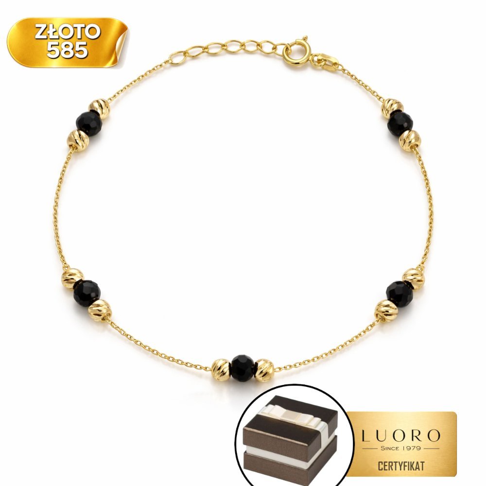 BRANSOLETKA ZŁOTA 585 14K KÓŁKA DIAMENTOWANE CZARNE KAMIENIE 17 CM REGULOWANA