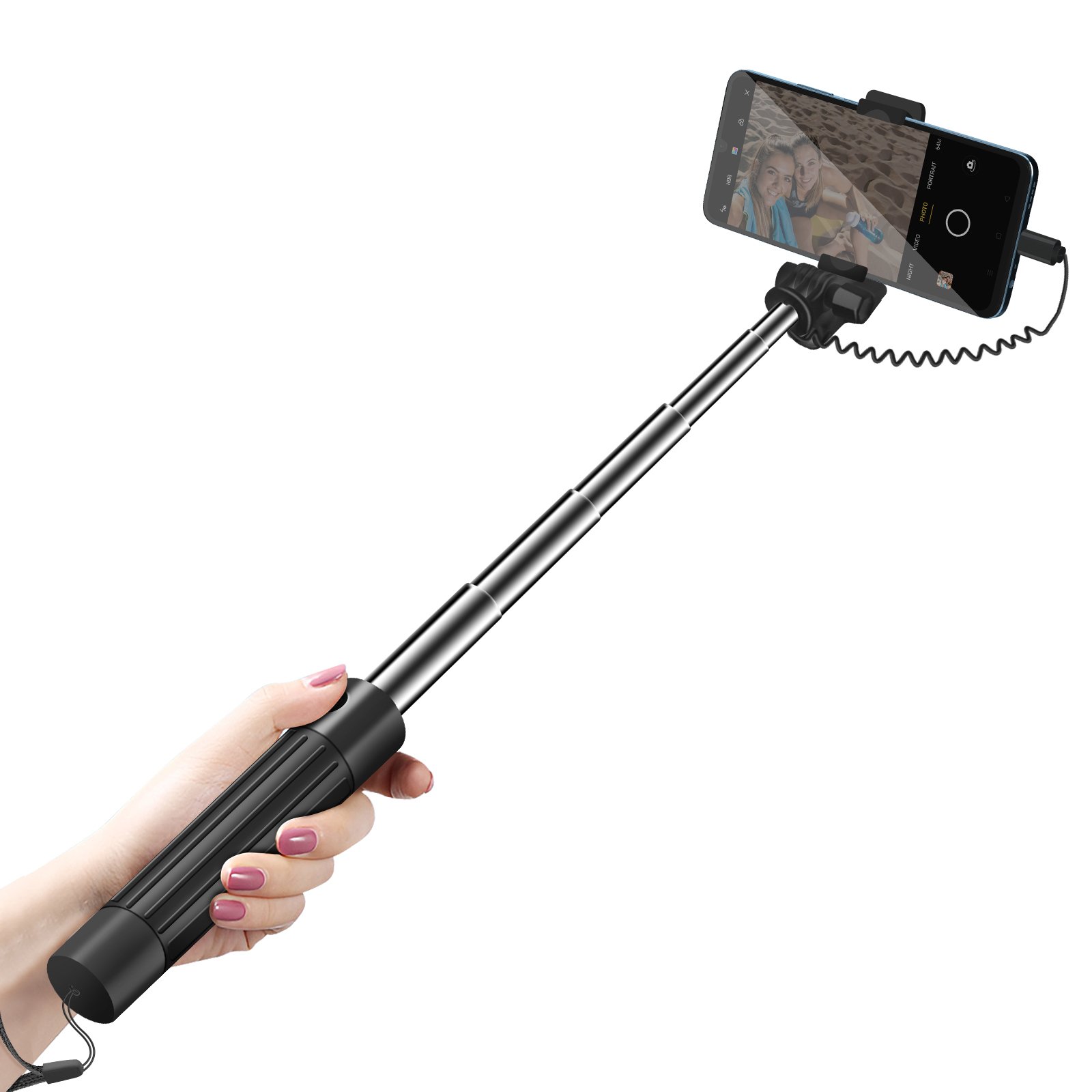 LinQ, selfie stick USB-C z lusterkiem i przyciskiem zwalniającym, czarny