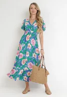 Sukienki - Zielona Sukienka Maxi z Kopertowym Dekoltem i Gumkami w Pasie Kelsi - miniaturka - grafika 1