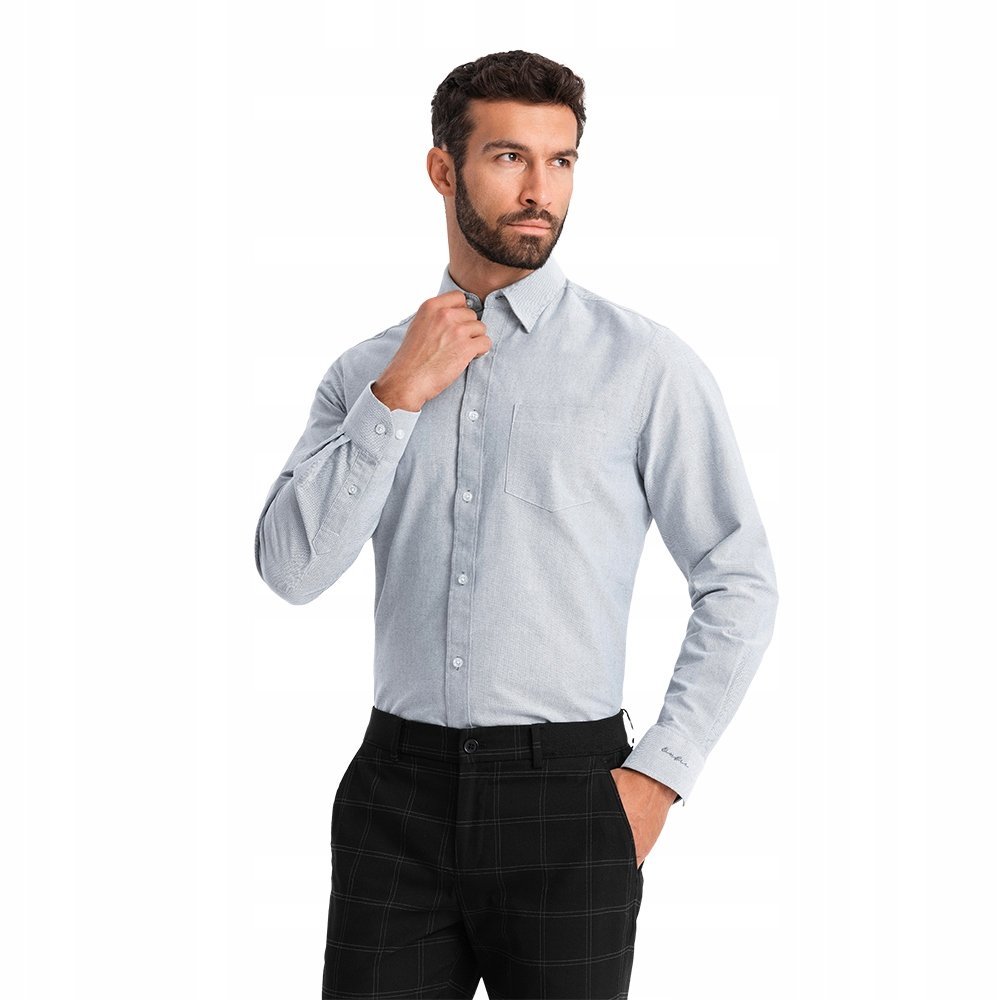 Elegancka koszula męska oxford z haftem jasnoszara V2 OM-SHOS-0173 XXL