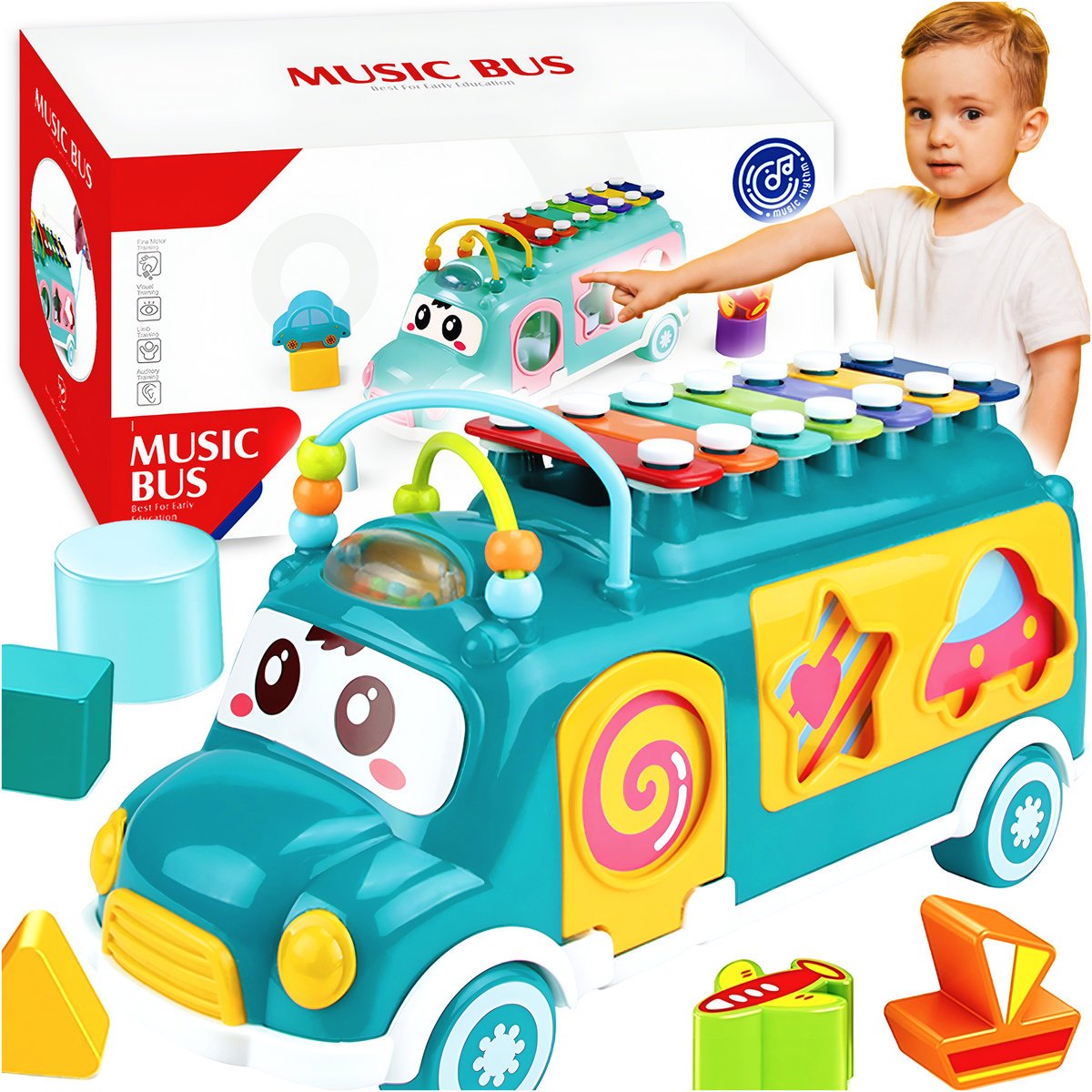 MUZYCZNY AUTOBUS Z CYMBAŁKAMI SORTER KOLOROWY KLOCKI LABIRYNT DLA DZIECI 3+