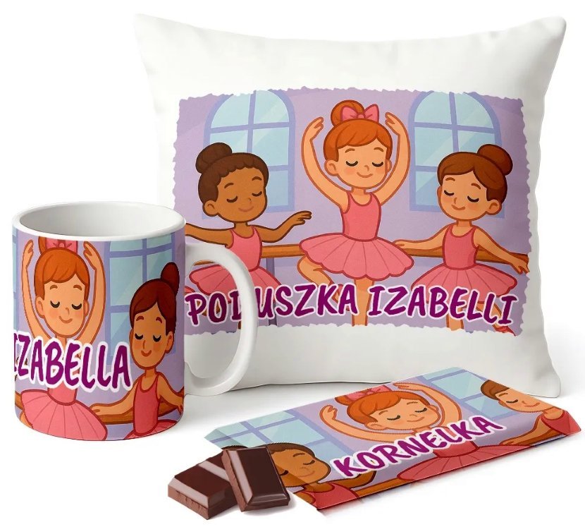 Zestaw Kubek Poduszka Czekolada + Imię Prezent Baletnica Personalizowany