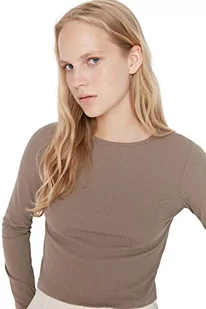 Trendyol Damska damska odzież domowa dopasowana bodycon okrągły dekolt tkana bluzka koszulka, kolor norek, XL, Kolor norek, XL - Body - miniaturka - grafika 1