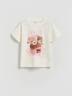 Koszulki dla dziewczynek - Reserved - Bawełniany t-shirt z nadrukiem - złamana biel - miniaturka - grafika 1