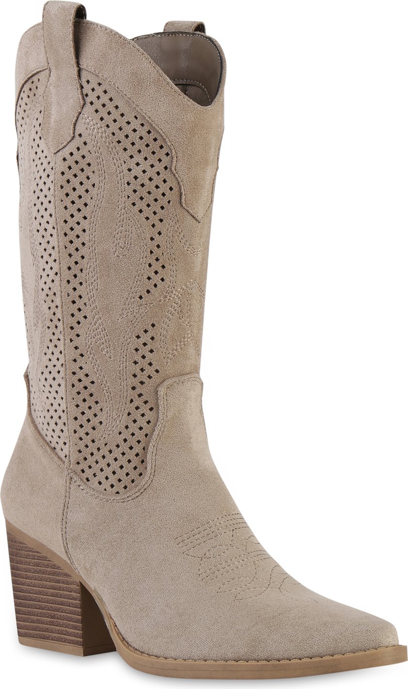 VAN HILL damskie botki kowbojki buty koronki hafty wycięcia buty 841524, Kolor: Khaki, Rozmiar: 36