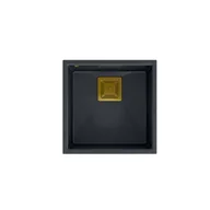 Zlewozmywaki - QUADRON Zlewozmywak granitowy jednokomorowy podwieszany 42 42 22,5 cm DAVID 40 czarny metalik ze złotym odpływem HQD4242U8-G1 - miniaturka - grafika 1