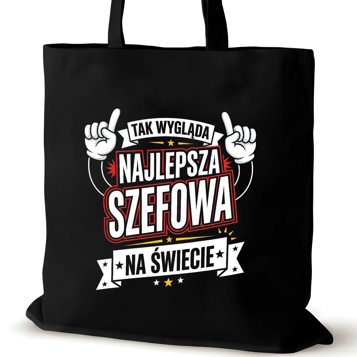 Torba bawełniana szefowej czarna na ramię nadrukiem duża biura tak wygląda