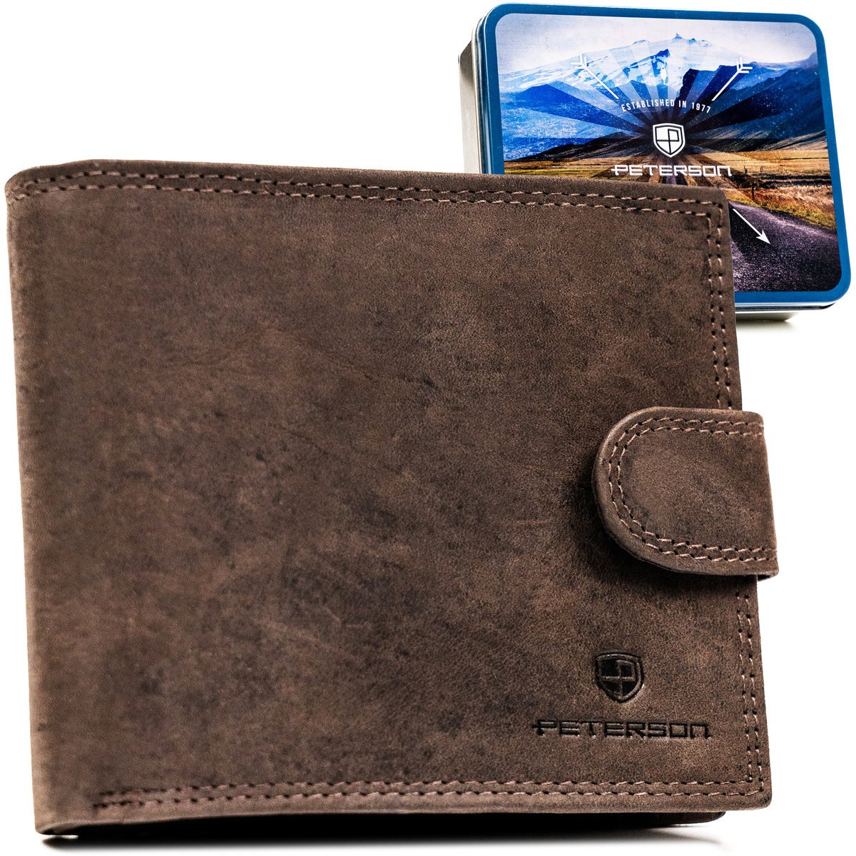 Portfel męski skórzany brązowy PETERSON duży poziomy na zatrzask rfid stop nubuk brelok w zestawie