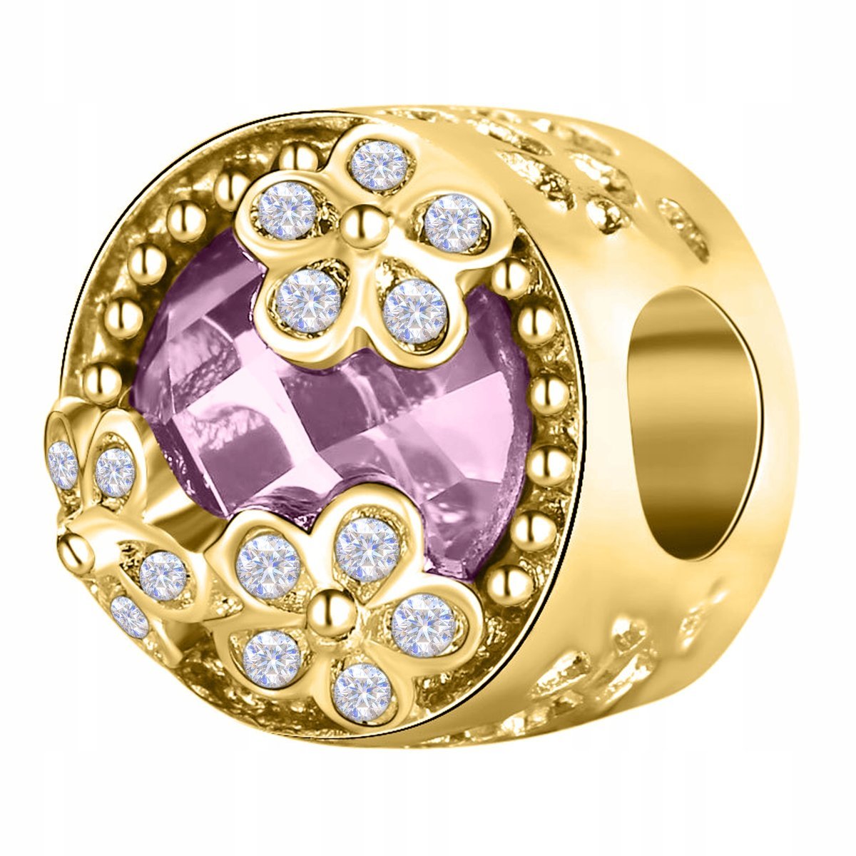 Złoty Charms Klejnot Różowy Koralik Kwiatki z Cyrkoniami SREBRO 925