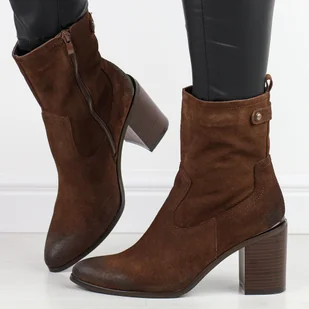 Brązowe skórzane botki damskie na słupku Sergio Leone Bt677-S - Botki damskie - miniaturka - grafika 1